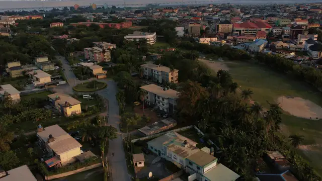 Horizontal video: Aerial view of lagos city during sunset 28918424. Duration: 27 seconds. Resolution: 3840x2160