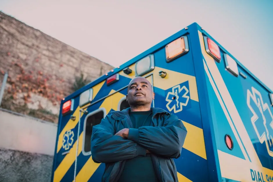Man with Arms Crossed Standing Near an Ambulance
