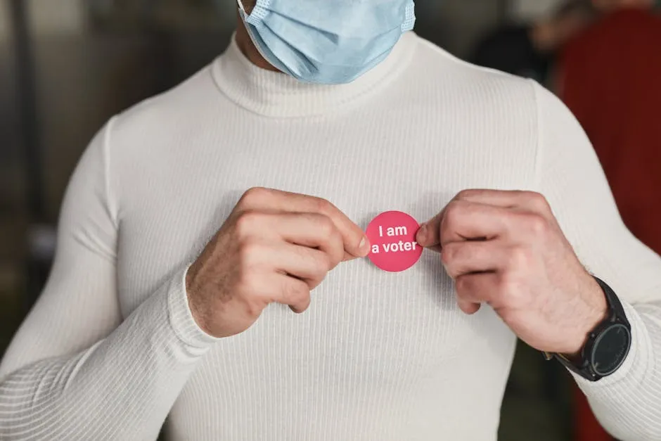 A Man in White Shirt Putting a Voter Tag