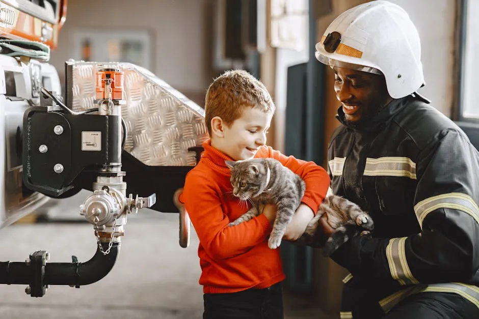 Fireman giving the Cat to an Adorable Boy 