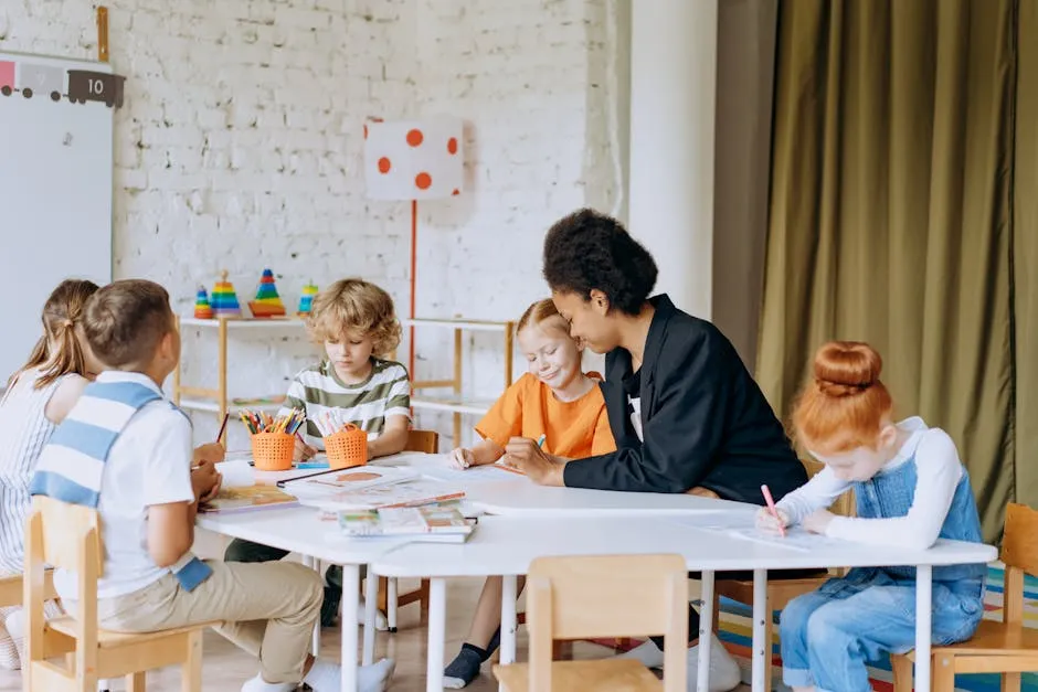 A Woman and a group of Children Sitting at a Table with Books and Pens