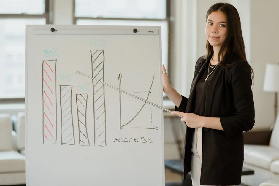 A Woman Pointing a Metal Stick on Whiteboard