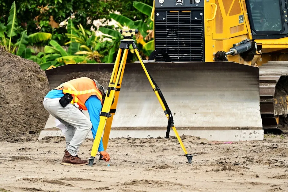 A construction worker operates a total station in front of a bulldozer on a construction site.