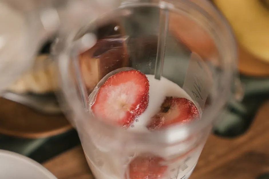 Sliced strawberries immersed in milk inside a blender, ready for a healthy smoothie preparation.