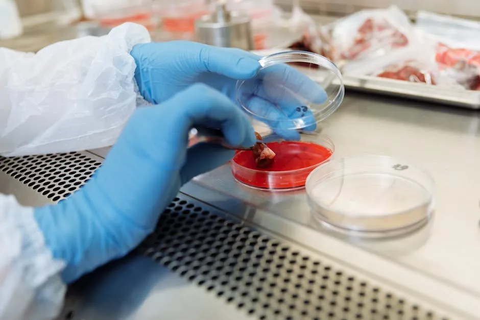 Close-up of gloved hands using petri dish and tweezers in a lab environment.