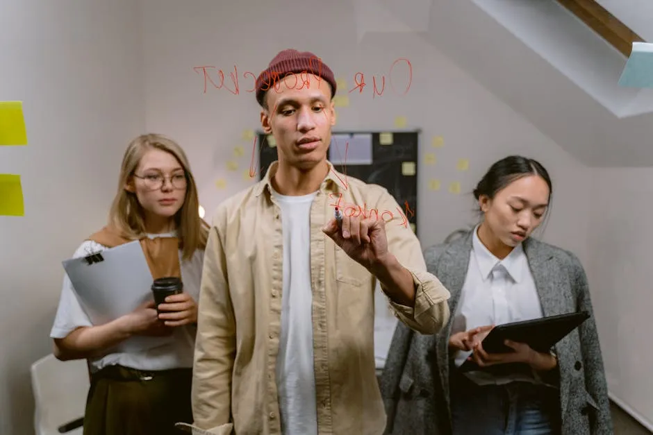 Women Standing Behind a Man Writing on Glass