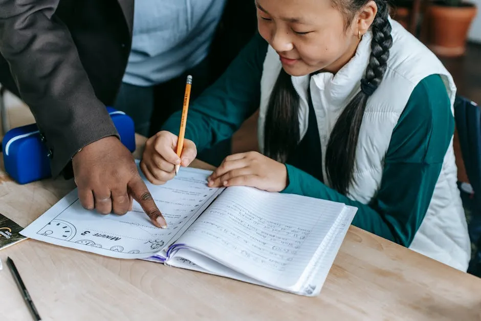 High angle of crop black teacher helping Asian girl with assignment while writing on paper in classroom