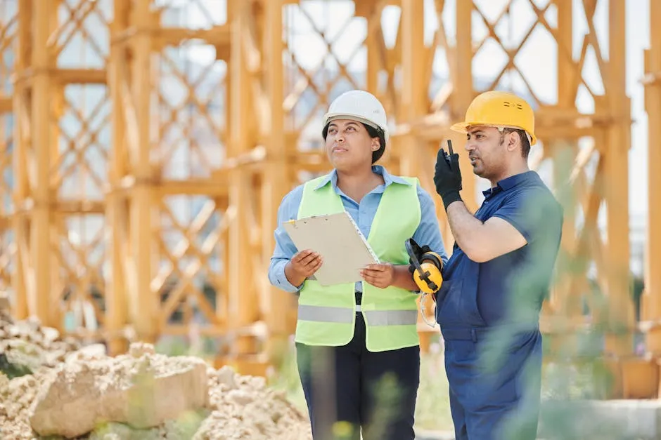 Male and female construction workers in protective gear discussing plans at an outdoor site.