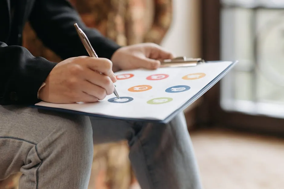 Close-up of a person writing on a clipboard with colorful icons.