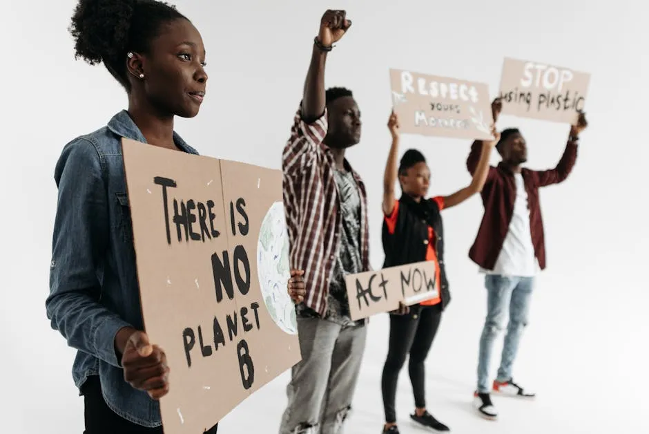 Diverse group holding protest signs advocating for climate action with phrases like 'There is No Planet B'.