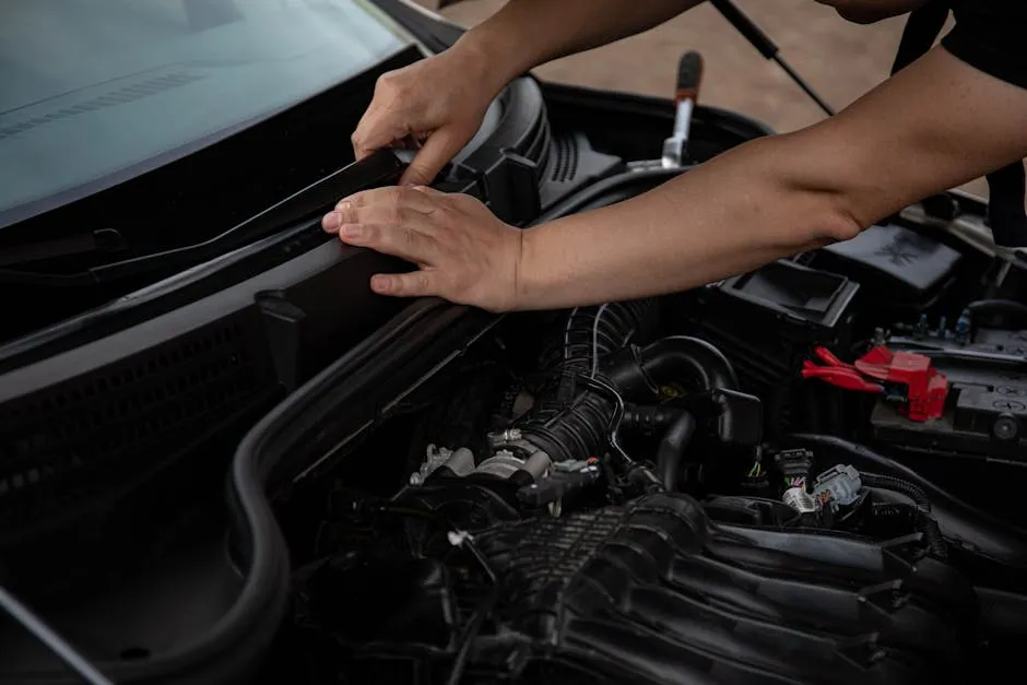 Close-up of mechanic hands fixing a car windshield wiper, showcasing engine components.