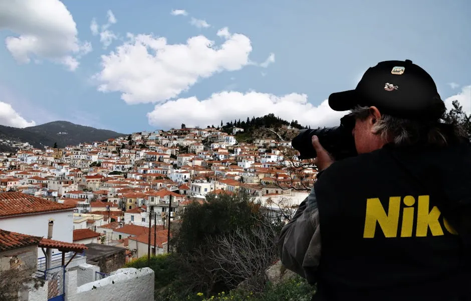 A photographer captures a scenic view of a vibrant town with red rooftops under a blue sky.