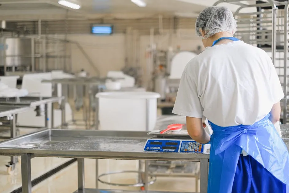 A factory worker in uniform measures ingredients on a digital scale in an industrial setting.