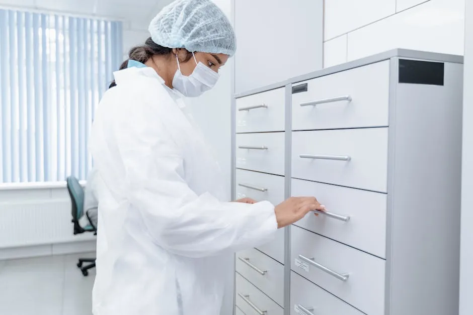 A medical professional in a lab coat organizes files in a sterile clinic environment, focusing on healthcare organization.