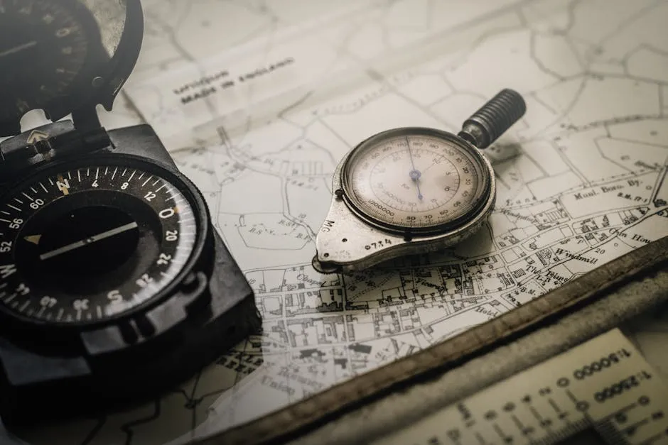 A vintage compass and navigation instrument on an old map, showcasing precision tools for exploration.