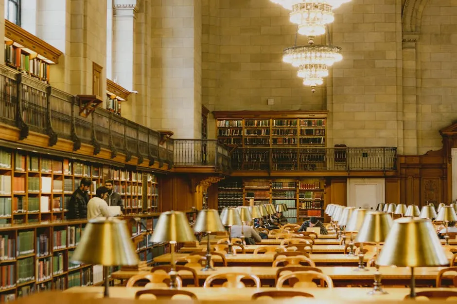 Library Interior with Tables and Book Shelves