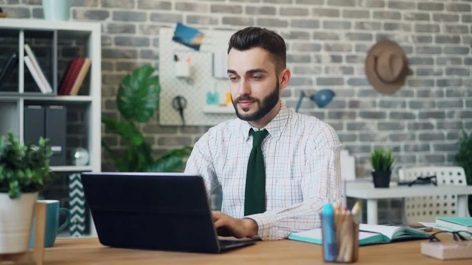 Young Man Using a Laptop in a Modern Office 