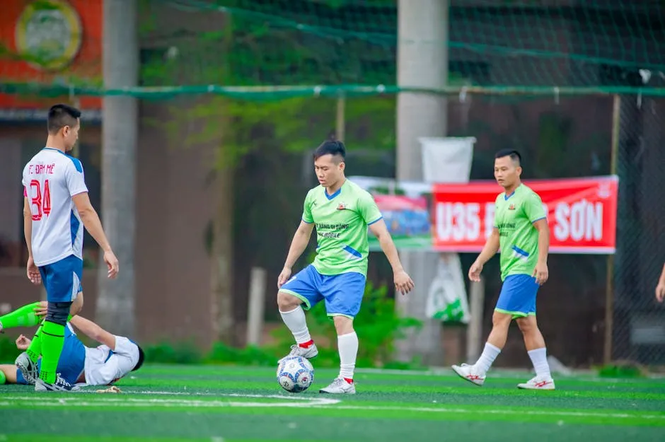 Amateur soccer players compete on a vibrant green field in Hanoi, Vietnam, showcasing skill and teamwork.