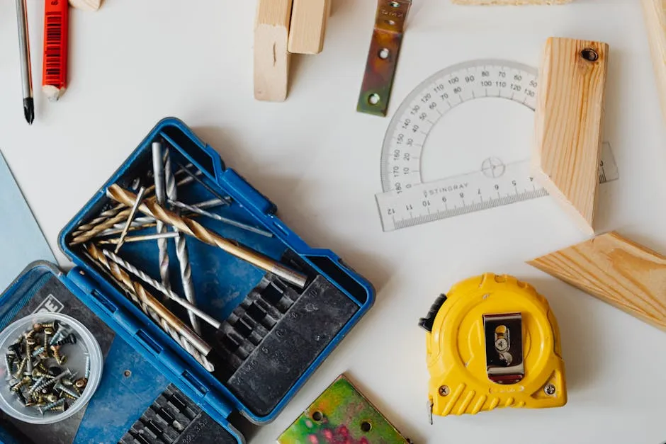 A selection of carpentry tools including drill bits, measuring tape, and protractor in an overhead shot.