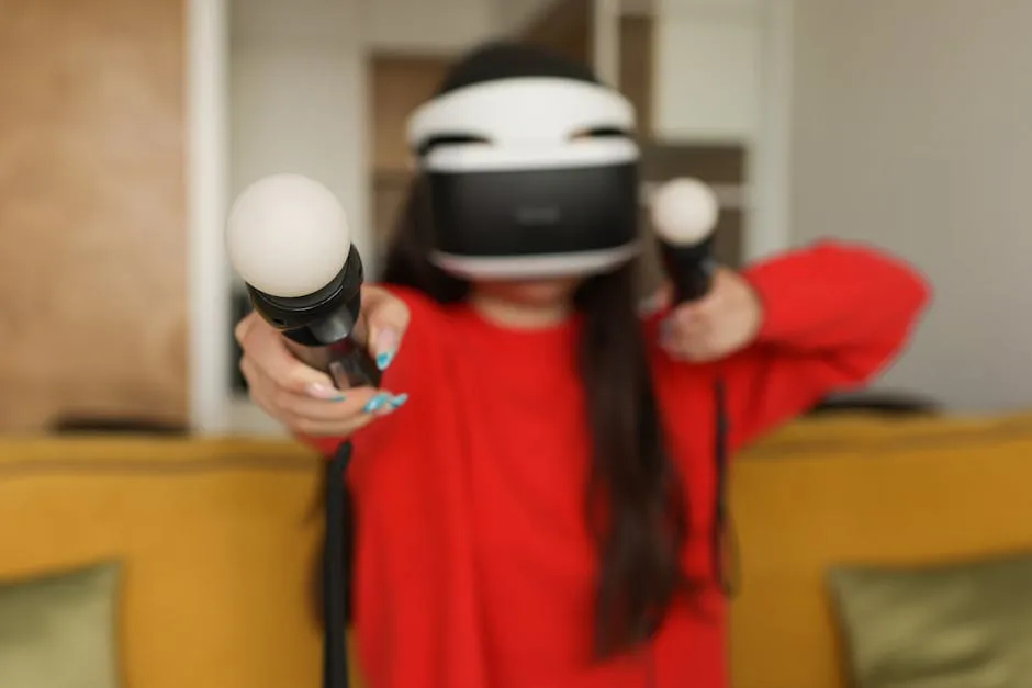 Woman wearing VR headset enjoying an immersive gaming experience with controllers.