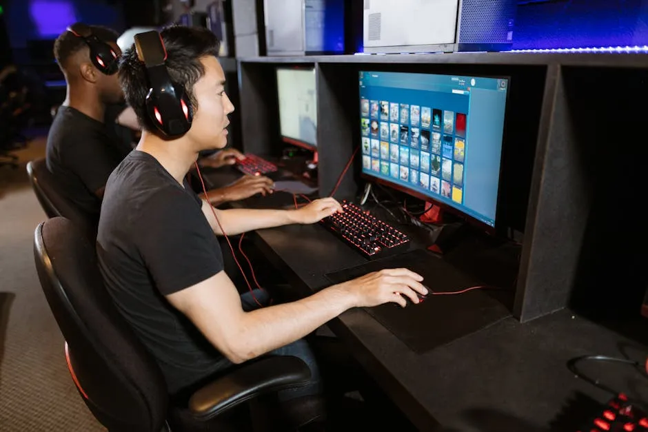 Two young men play video games at a cyber cafe, showcasing modern gaming technology indoors.