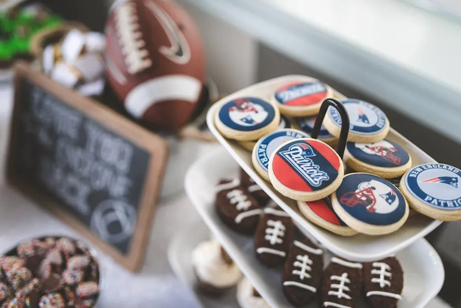 Decorative football-themed cookies and snacks at a party setup, perfect for sports enthusiasts.