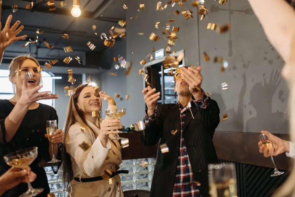 Group of colleagues celebrating indoors with champagne and confetti, capturing joy and togetherness.