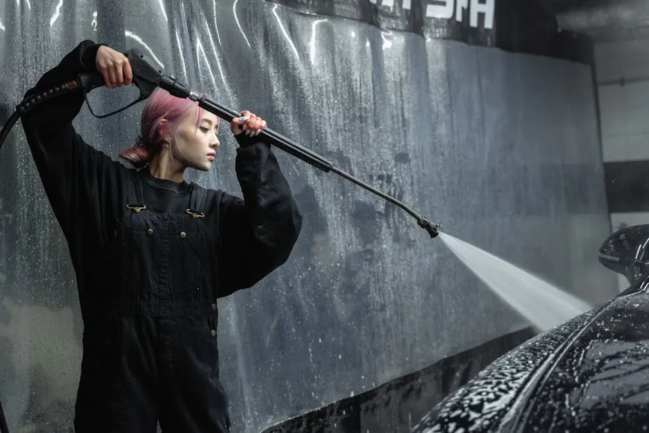 A woman using a pressure hose for car cleaning in an indoor garage.