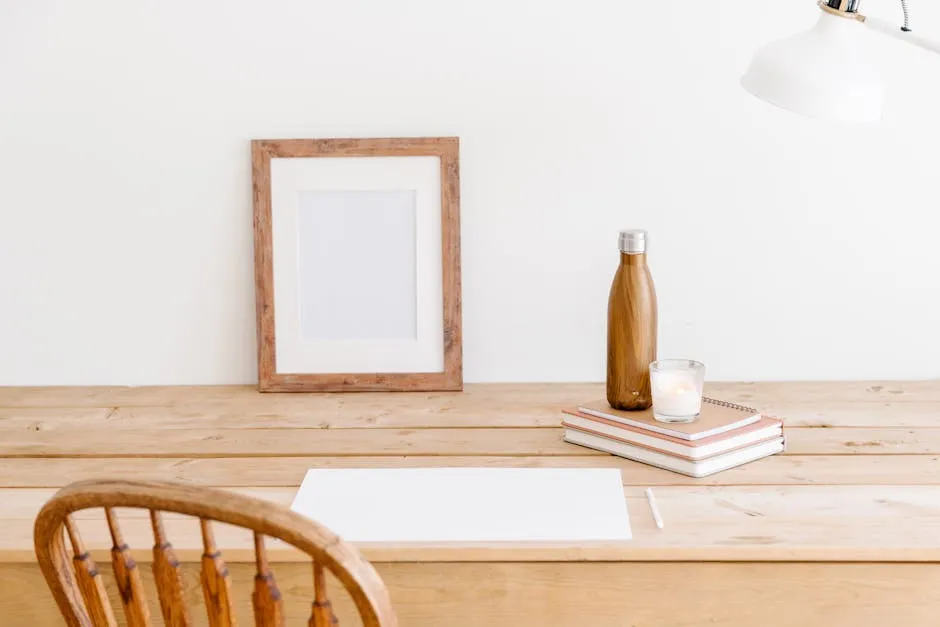 Bottle, Notebooks, Frame and Paper Sheet on Table