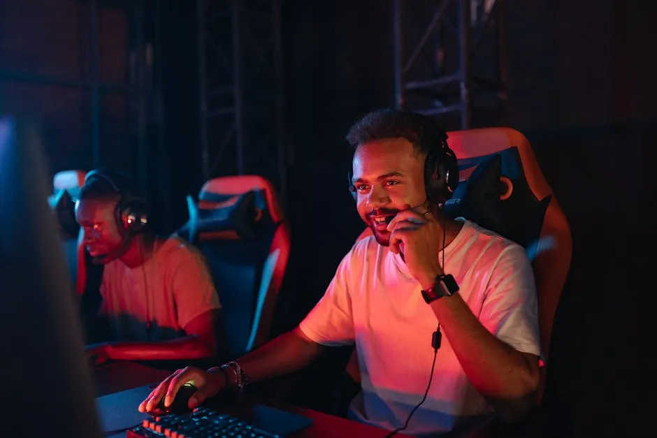 Two gamers immersed in an esports tournament, focused with headsets and keyboards.