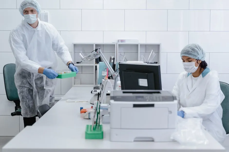 Scientists in protective gear conducting experiments in a modern laboratory setting.