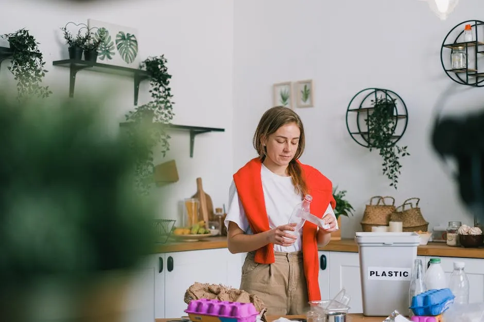 Calm woman in casual clothes standing near table and cleaning plastic bottle while sorting rubbish in light kitchen in daytime