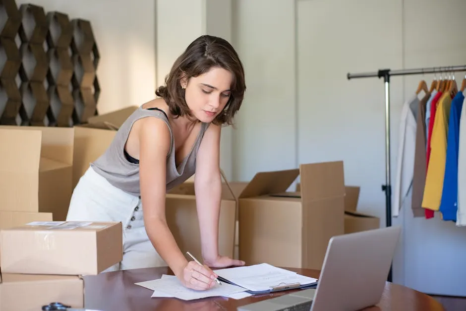 Woman Standing among Cardboard Boxes and Writing on a Piece of Paper on a Desk with a Laptop 