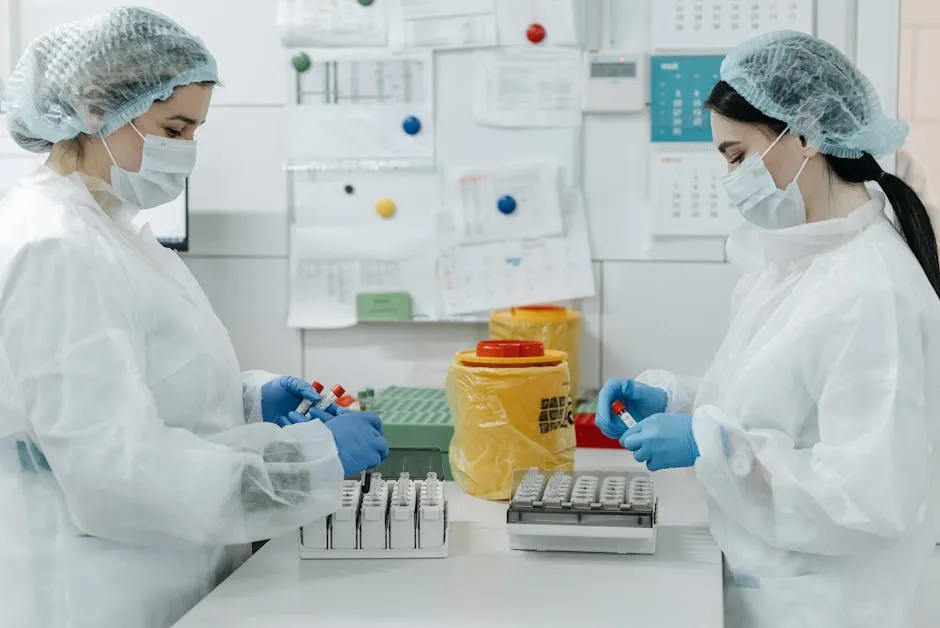 Laboratory technicians analyzing samples in a medical lab setting, highlighting modern healthcare processes.