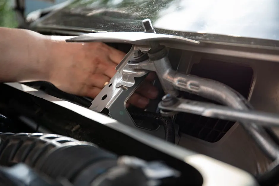 Mechanic's hand repairing car wiper mechanism in detailed close-up.