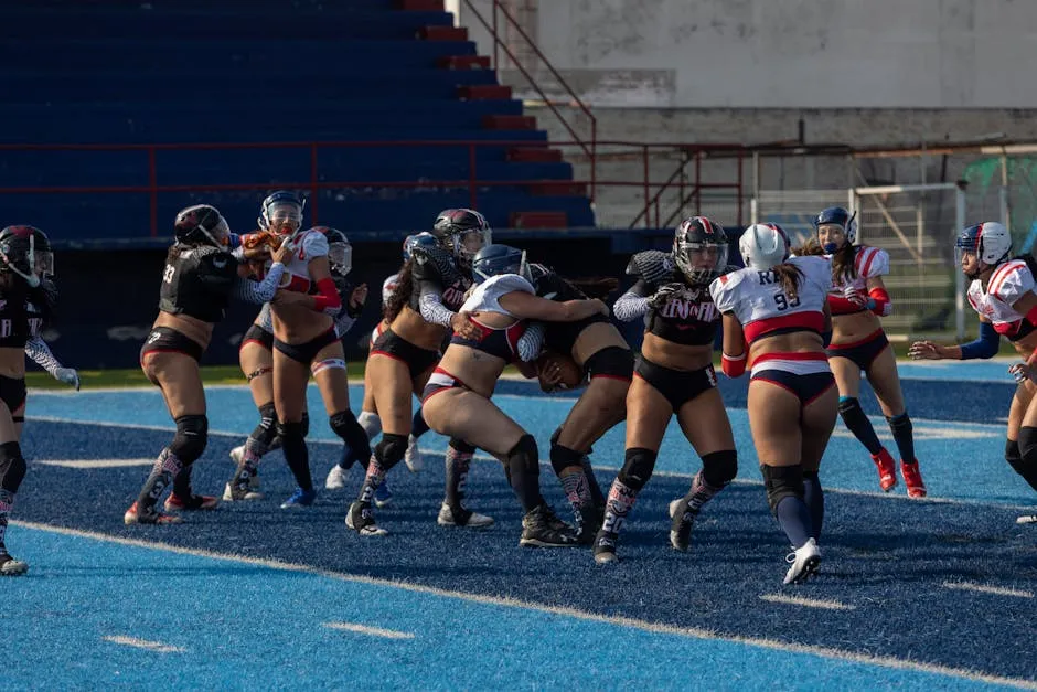 Women playing an intense American football game on a sunny day.