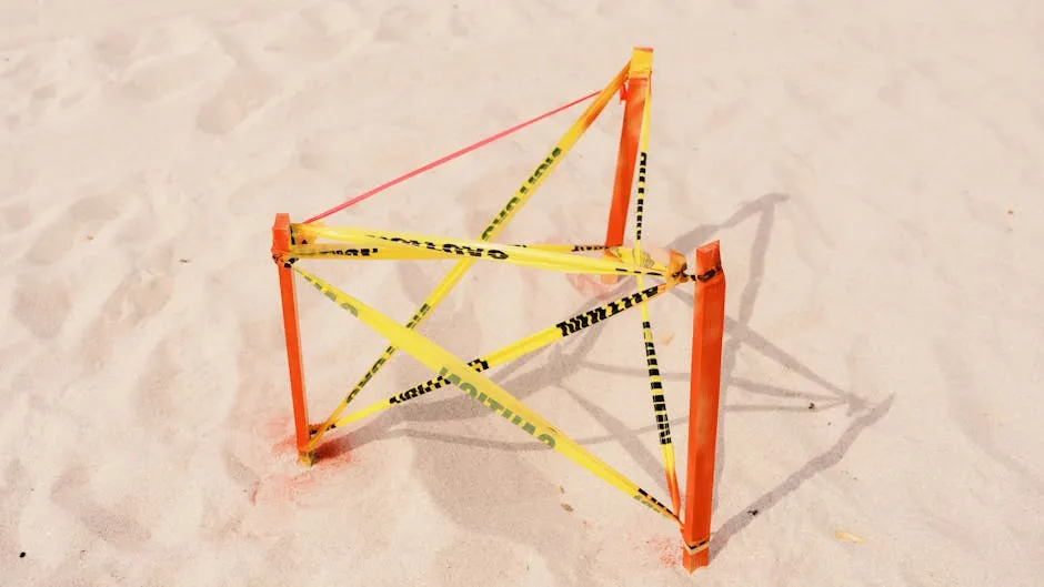 A colorful caution tape barricade on a sandy beach setting, providing a vivid contrast.