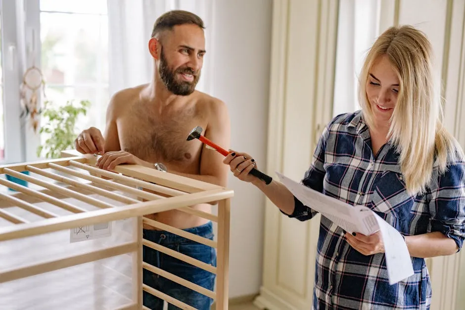 A man and woman assembling a crib together with tools and instructions.