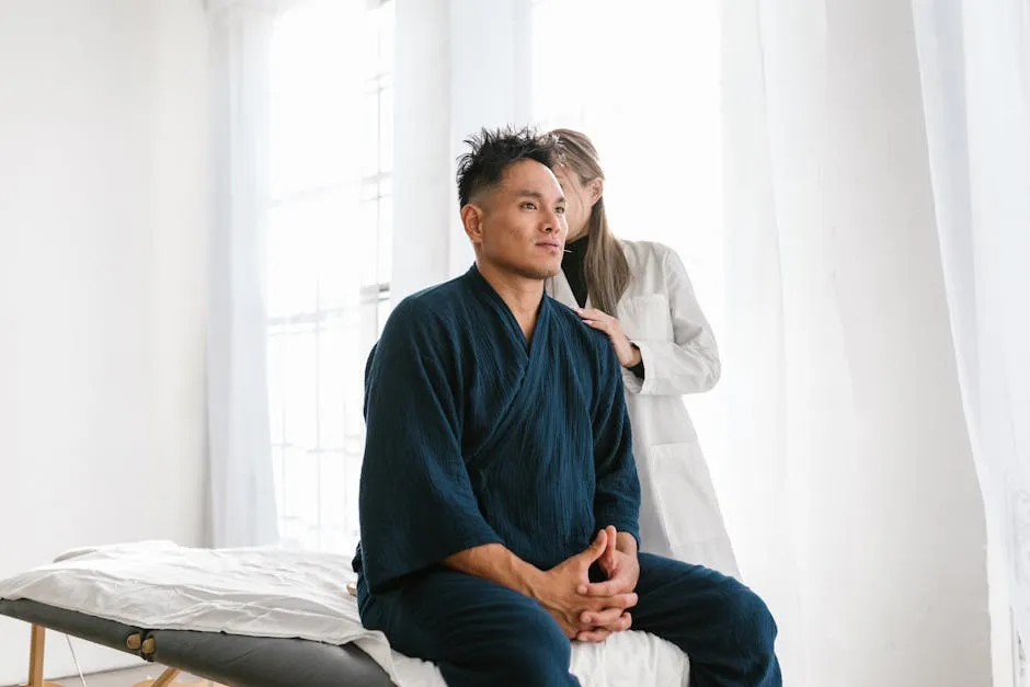 A doctor examines a patient seated on a treatment table in a medical facility.