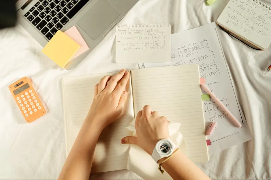 Overhead view of study materials with a laptop, calculator, and notebook on a desk.