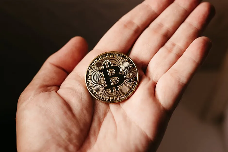 Close-up of a hand holding a Bitcoin coin, illustrating cryptocurrency concept.