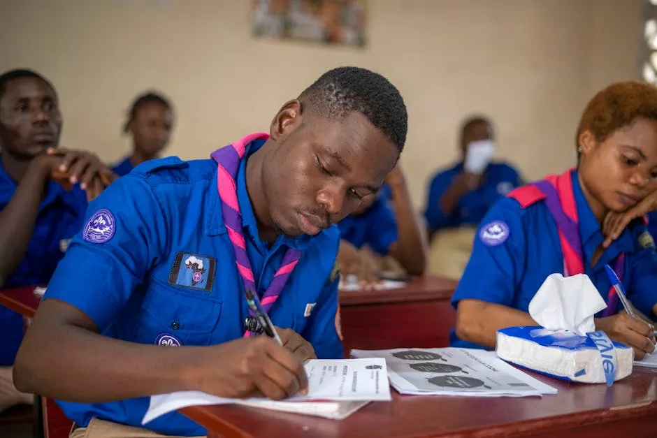 Dedicated group of youth scouts actively engaged in educational activities in a classroom.