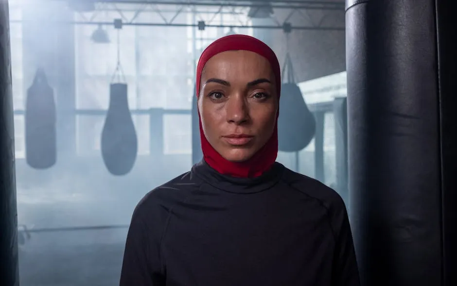 Focused woman wearing a hijab trains in an atmospheric boxing gym with punching bags.